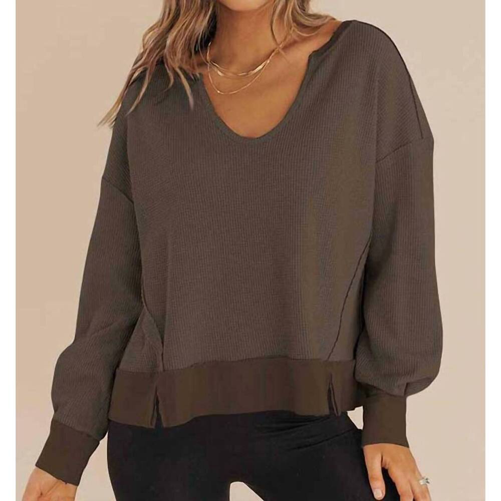 NEW T & C  APPAREL waffle knit long sleeve sweatshirt in brown